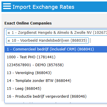 You can choose from all authorized Exact Online companies.